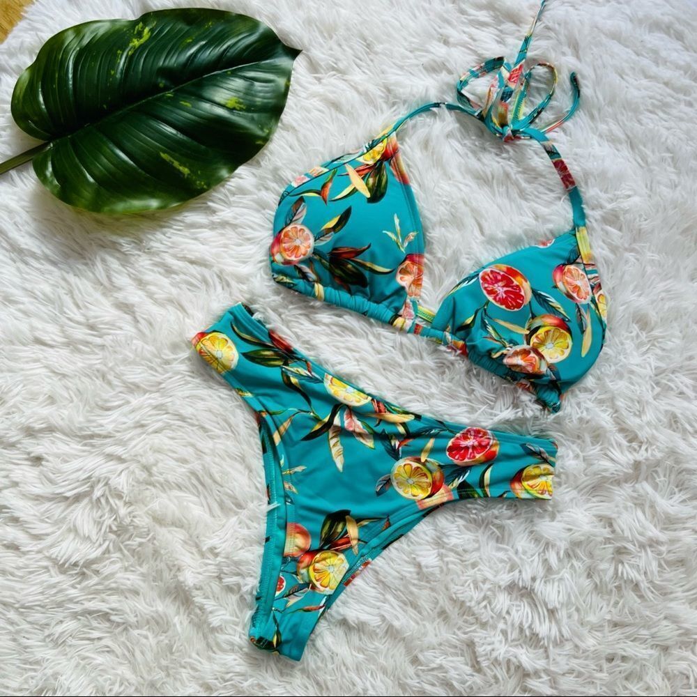 EIDON | Teal Citrus Patterned Bikini Size XS/S NWOT